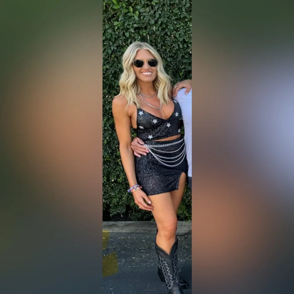 East N West Label Black sequin star crop top & mini skirt set festival | Size M - Picture 4 of 17